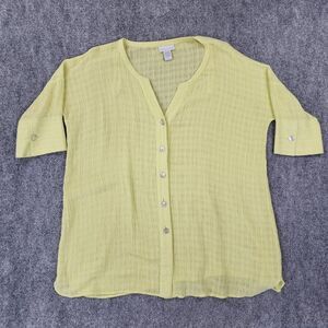 Soft Surroundings Top Womens Petite Medium Yellow Linen Blend Woven Buton Front